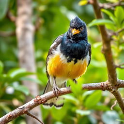 A mischievous Myna bird perched on a tree branch, embodying the essence of playful mischief