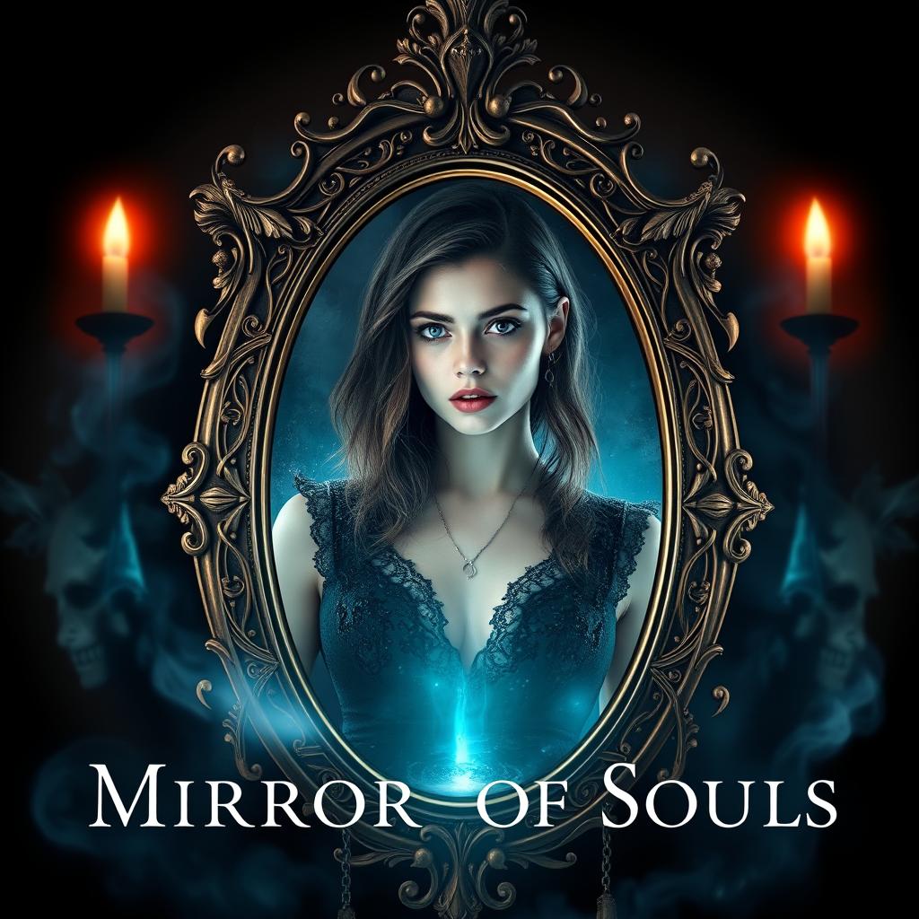 A captivating book cover for 'The Mirror of Souls', featuring elements of witches and vampires