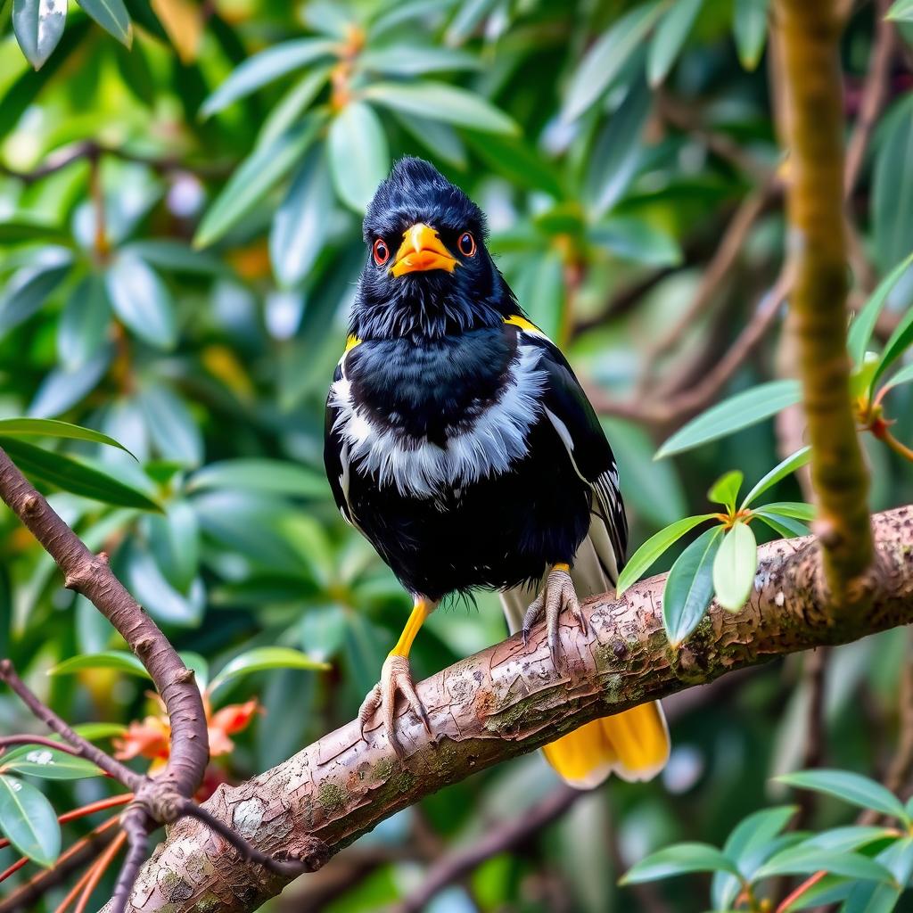 A cheeky Myna bird perched on a tree branch, full of playful mischief