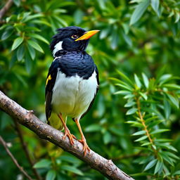 A cheeky Myna bird perched on a tree branch, full of playful mischief