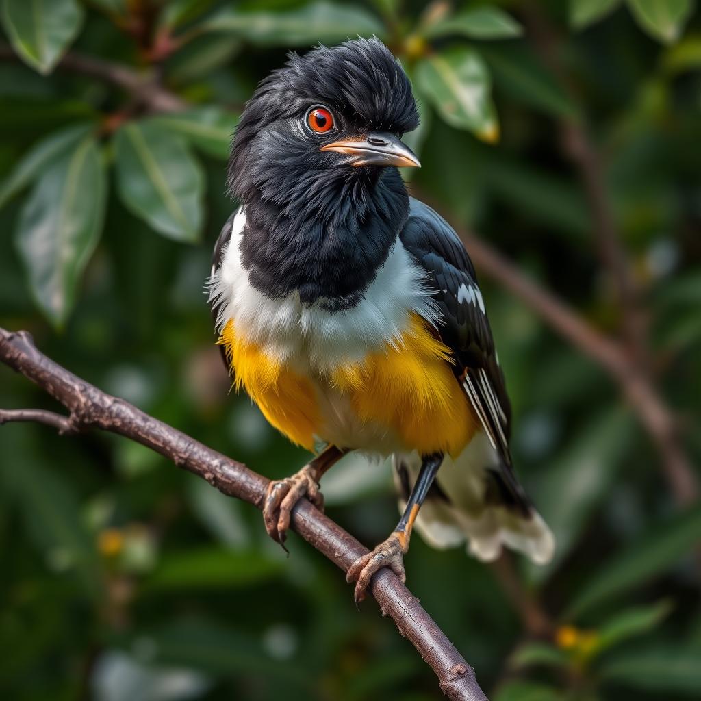 A mischievous Myna bird perched on a tree branch, exuding an aura of playful mischief