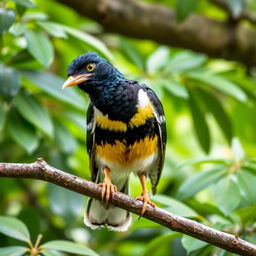 A mischievous Myna bird perched on a tree branch, exuding an aura of playful mischief