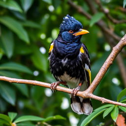 A mischievous Myna bird perched on a tree branch, exuding an aura of playful mischief