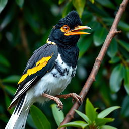 A mischievous Myna bird perched on a tree branch, exuding an aura of playful mischief