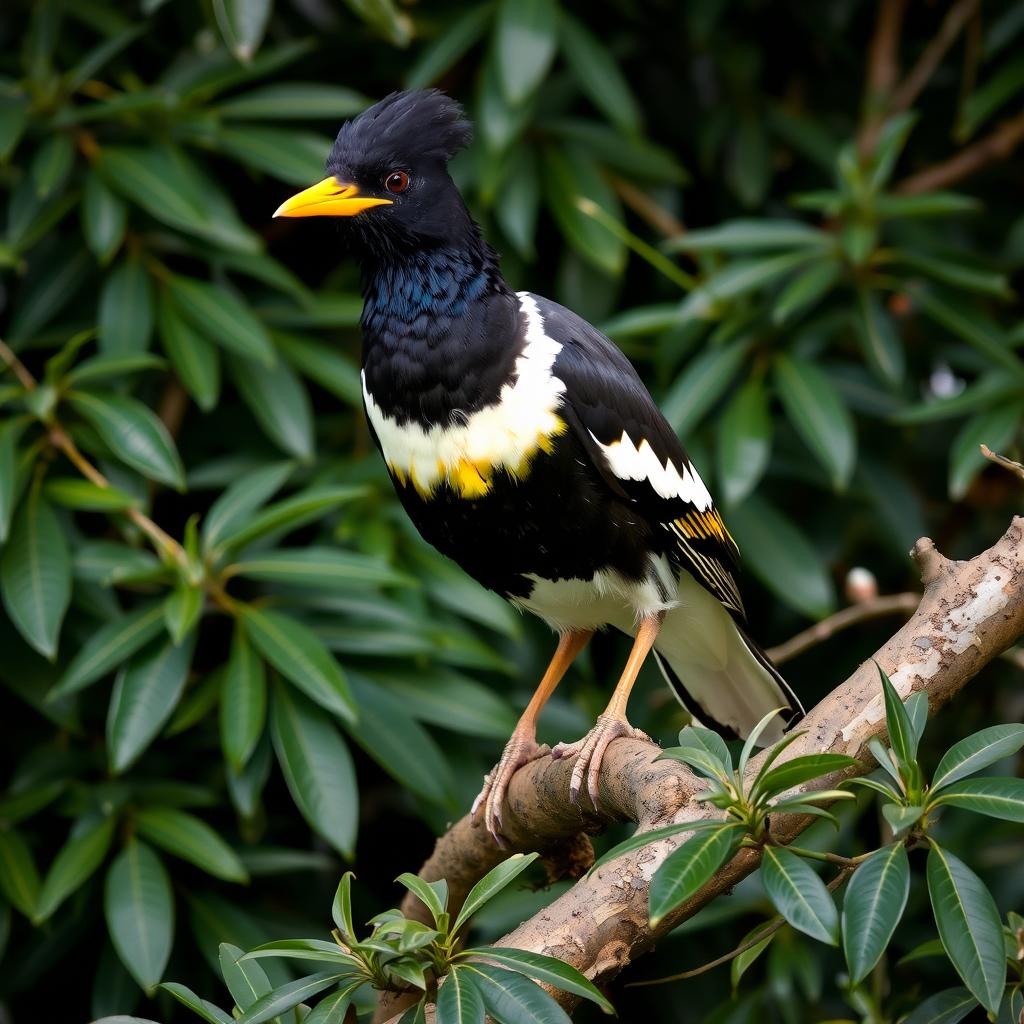 A mischievous Myna bird perched on a tree branch, radiating a sense of playful mischief