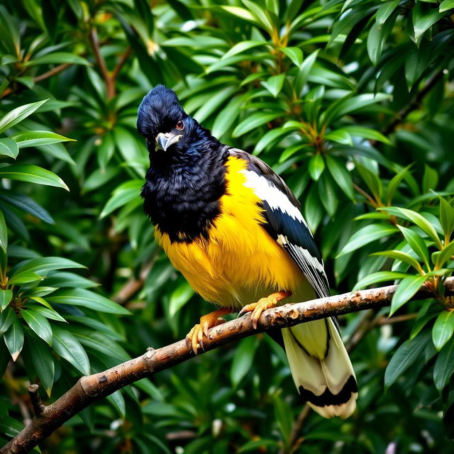 A mischievous Myna bird perched on a tree branch, radiating a sense of playful mischief