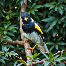 A mischievous Myna bird perched on a tree branch, radiating a sense of playful mischief