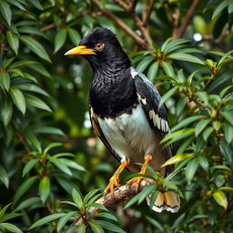 A mischievous Myna bird perched on a tree branch, radiating a sense of playful mischief