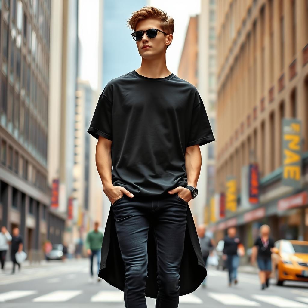 A fashionable model wearing a long t-shirt, showcasing a trendy and casual look