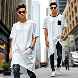 A fashionable model wearing a long t-shirt, showcasing a trendy and casual look