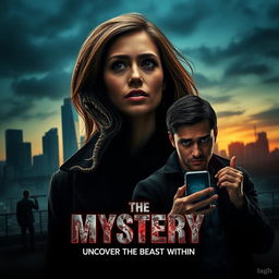 A modern horror movie poster for "The Mystery," showcasing the determined journalist Jessica, age 29, her expression a blend of fear and determination