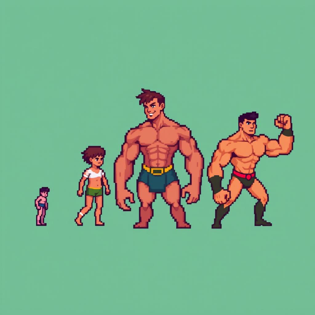 Evolution of a strong character in 16x16 pixels, showcasing three stages from weak to strong