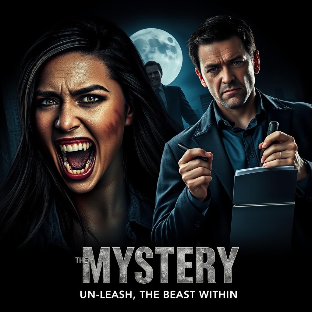 A modern horror movie poster for "The Mystery," featuring Jessica, a 29-year-old journalist, her face partially transformed into a fearsome werewolf, with sharp fangs and piercing eyes