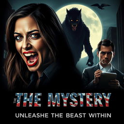 A modern horror movie poster for "The Mystery," featuring Jessica, a 29-year-old journalist, her face partially transformed into a fearsome werewolf, with sharp fangs and piercing eyes