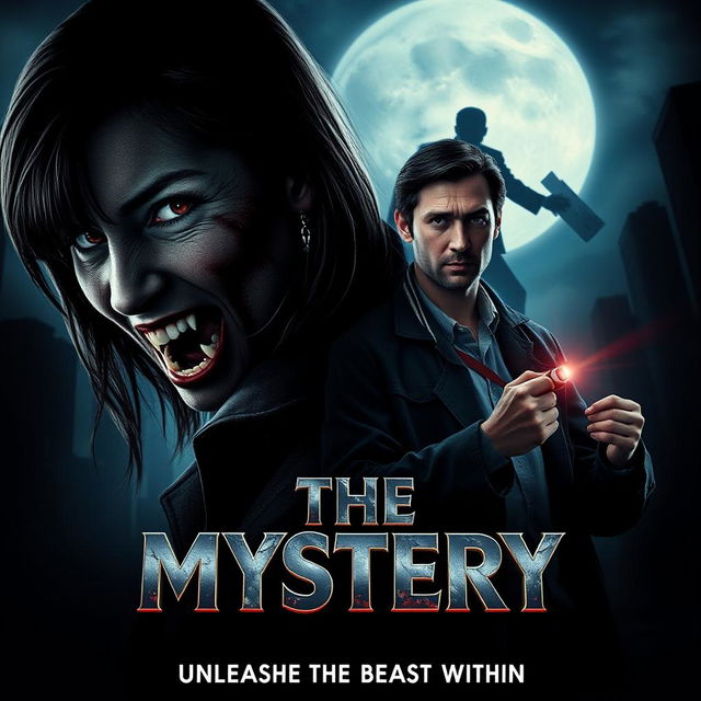 A modern horror movie poster for "The Mystery," featuring Jessica, a 29-year-old journalist, her face partially transformed into a fearsome werewolf, with sharp fangs and piercing eyes