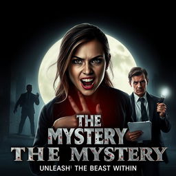 A modern horror movie poster for "The Mystery," featuring Jessica, a 29-year-old journalist, her face partially transformed into a fearsome werewolf, with sharp fangs and piercing eyes