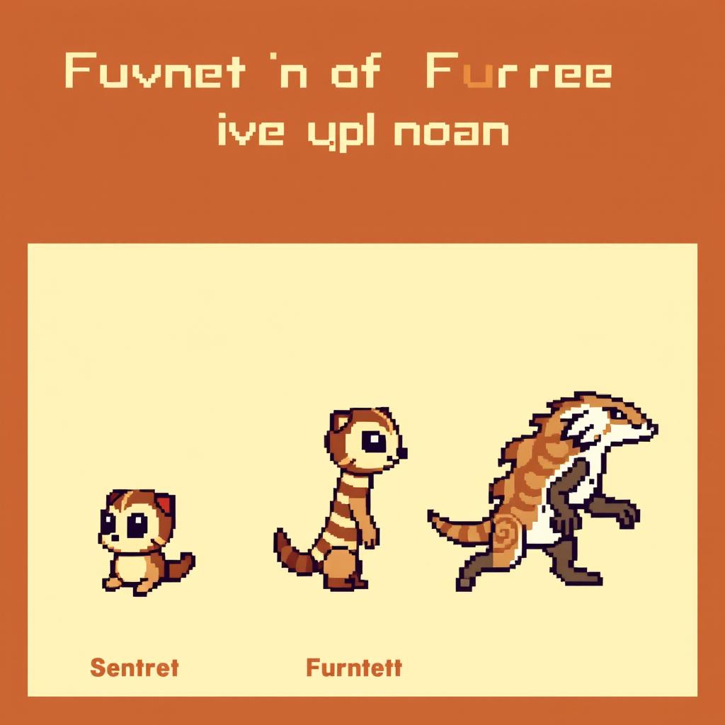 Evolution of Furret in 16x16 pixels, showcasing three stages from young Sentret to powerful Furret
