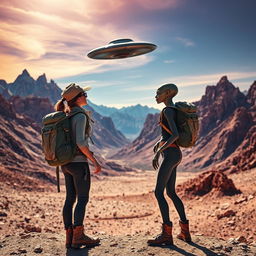 A woman and a female alien, both in rugged hiking gear, stand side by side in a breathtaking mountainous desert, their eyes fixed on a mysterious UFO hovering in the vibrant sky