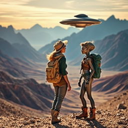 A woman and a female alien, both in rugged hiking gear, stand side by side in a breathtaking mountainous desert, their eyes fixed on a mysterious UFO hovering in the vibrant sky