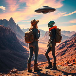 A woman and a female alien, both in rugged hiking gear, stand side by side in a breathtaking mountainous desert, their eyes fixed on a mysterious UFO hovering in the vibrant sky