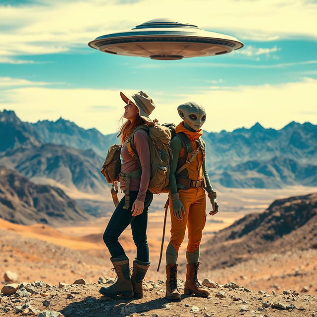 A woman and a female alien, both in rugged hiking gear, stand side by side in a breathtaking mountainous desert, their eyes fixed on a mysterious UFO hovering in the vibrant sky