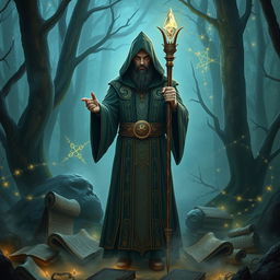 A powerful and enigmatic sorcerer stands in the middle of a mystical forest, surrounded by glowing runes and ancient scrolls