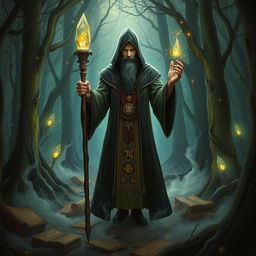 A powerful and enigmatic sorcerer stands in the middle of a mystical forest, surrounded by glowing runes and ancient scrolls