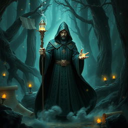 A powerful and enigmatic sorcerer stands in the middle of a mystical forest, surrounded by glowing runes and ancient scrolls