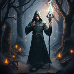 A powerful and enigmatic sorcerer stands in the middle of a mystical forest, surrounded by glowing runes and ancient scrolls