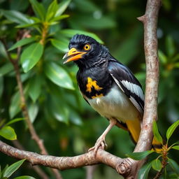 A playful Myna bird perched on a tree branch, embodying mischief and curiosity