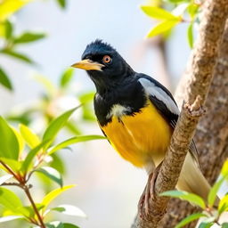 A playful Myna bird perched on a tree branch, embodying mischief and curiosity