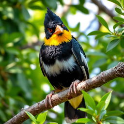 A playful Myna bird perched on a tree branch, embodying mischief and curiosity