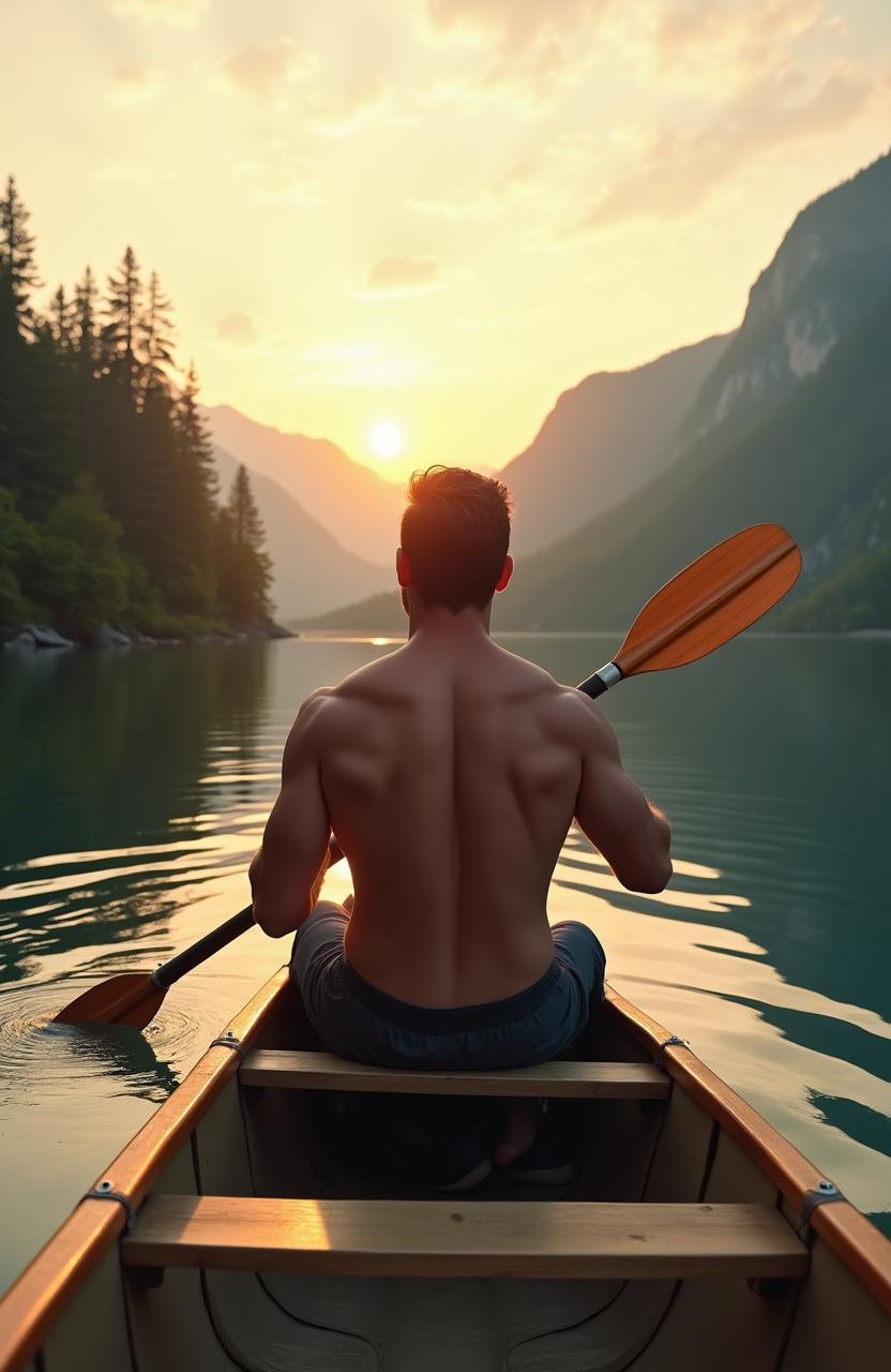 a fit, muscular man paddling a canoe on a calm, serene lake surrounded by lush greenery and distant mountains, bathed in the warm glow of the setting sun reflecting on the water