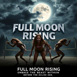 A modern horror movie poster for "Full Moon Rising," featuring Brittany and her friends, shown in intense action poses, partially transformed into werewolves with sharp claws and glowing eyes