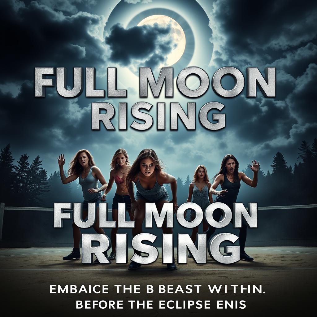 A modern horror movie poster for "Full Moon Rising," featuring Brittany and her friends, shown in intense action poses, partially transformed into werewolves with sharp claws and glowing eyes