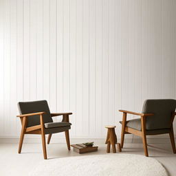 Scandinavian-inspired room interior with minimalist furniture, crisp white walls and warming wood accents