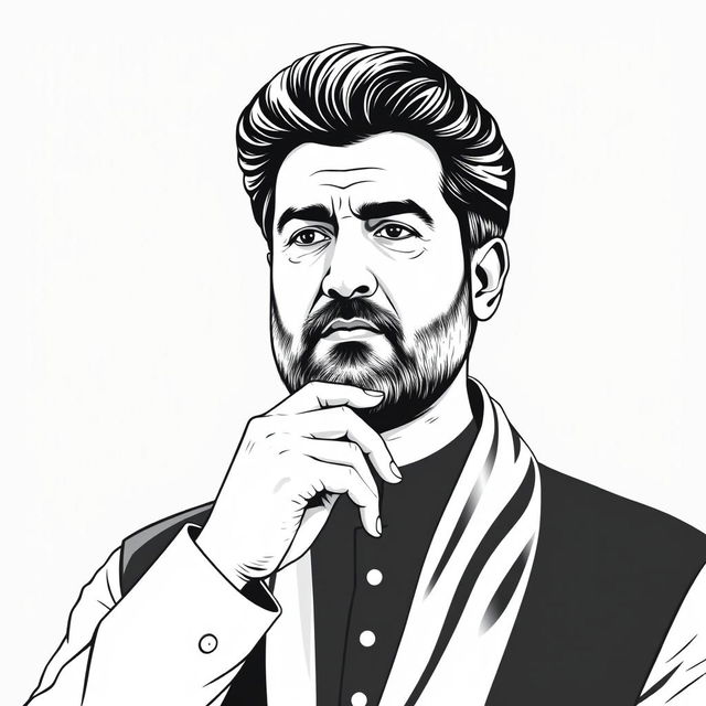 A black and white vector illustration of politician Sher Afzal Marwat, capturing his distinctive features with precision