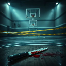 A mysterious novel scene set at a basketball court, with an enigmatic atmosphere