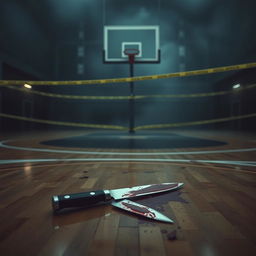 A mysterious novel scene set at a basketball court, with an enigmatic atmosphere