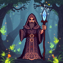 A pixel art sorcerer character for a video game, standing in a mystical forest background