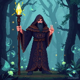 A pixel art sorcerer character for a video game, standing in a mystical forest background