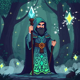 A pixel art sorcerer character for a video game, standing in a mystical forest background