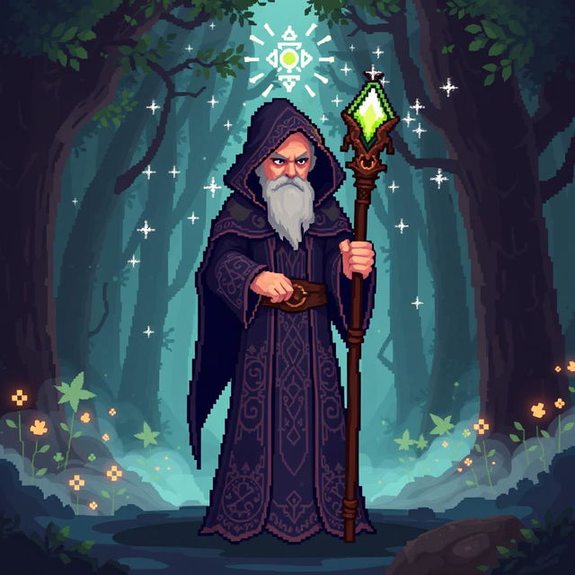 A pixel art sorcerer character for a video game, standing in a mystical forest background