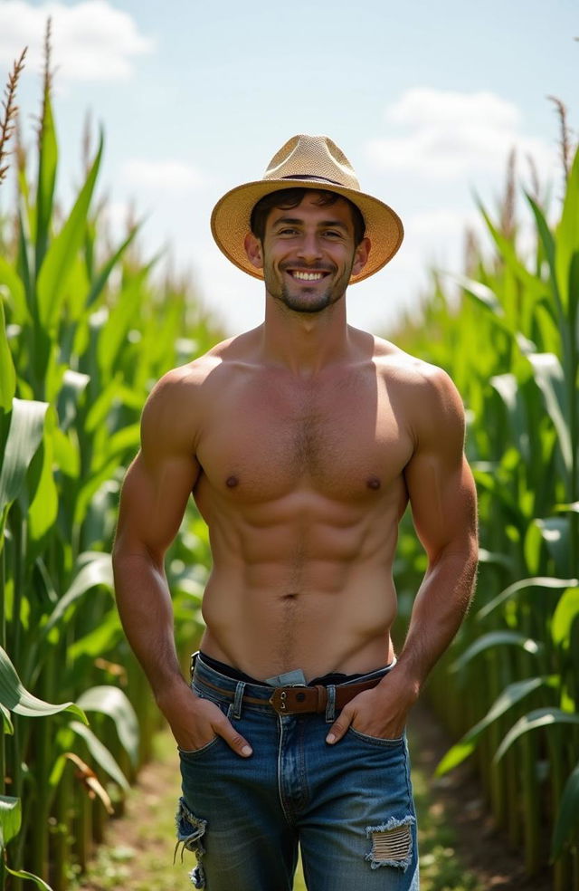 a fit young man, muscular and energetic, standing confidently in a lush corn field, showcasing his strong physique under the bright midday sun