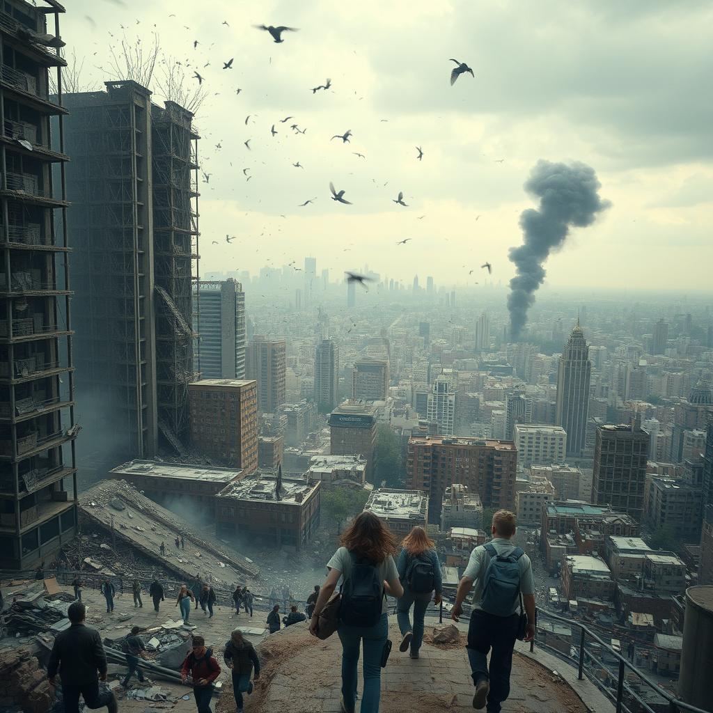 A dystopian city in ruins, captured from a bird's-eye view