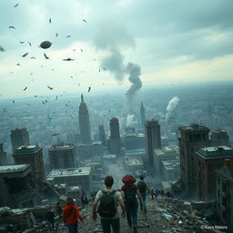 A dystopian city in ruins, captured from a bird's-eye view