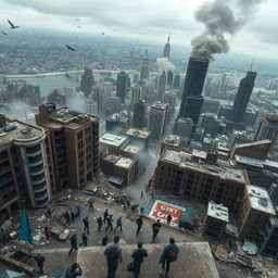 A dystopian city in ruins, captured from a bird's-eye view