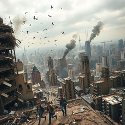 A dystopian city in ruins, captured from a bird's-eye view