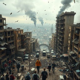 A dystopian city in ruins, captured from a bird's-eye view