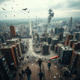 A dystopian city in ruins, captured from a bird's-eye view